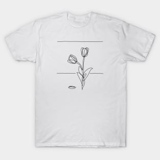 Tulip Flowers Line Drawing - Black T-Shirt